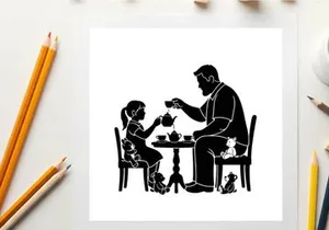 Silhouette of a man and a girl having tea with pets