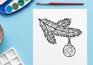 Ilustrasi seni garis hiasan ranting pohon Natal dengan bola-bola gantung