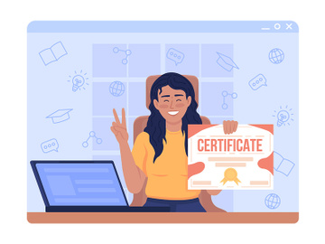 Smiling girl holding certificate 2D vector isolated illustration preview picture