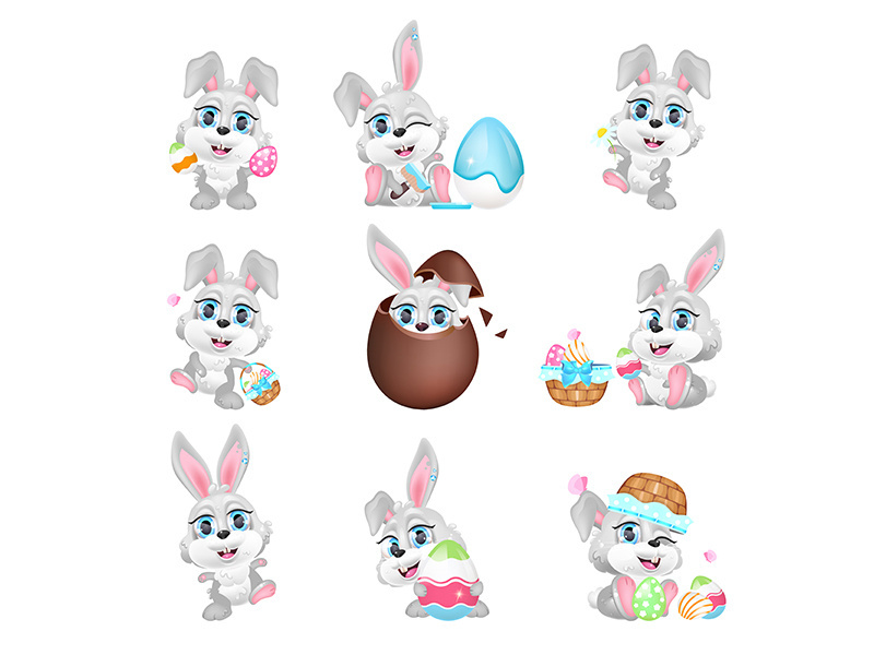 Cute Easter grey hares kawaii cartoon vector characters set