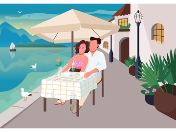 Couple having breakfast in seaside resort cafe flat color vector illustration preview picture