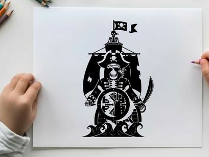 Pirate captain silhouette at the ship's helm with sword