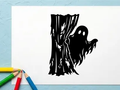 Silhouette hantu seram yang mengintip melalui tirai robek untuk Halloween