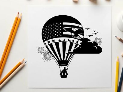 American flag hot air balloon silhouette with fireworks