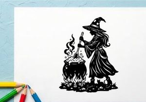 Hexe, die einen Zauber mit einem Kessel in Schwarz-Weiß-Illustration wirft