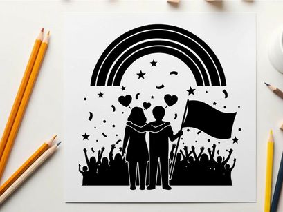 Silhouette of a couple celebrating with a rainbow and crowd