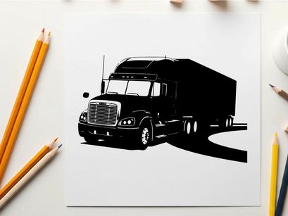 Silhouette of a large semi truck on the road