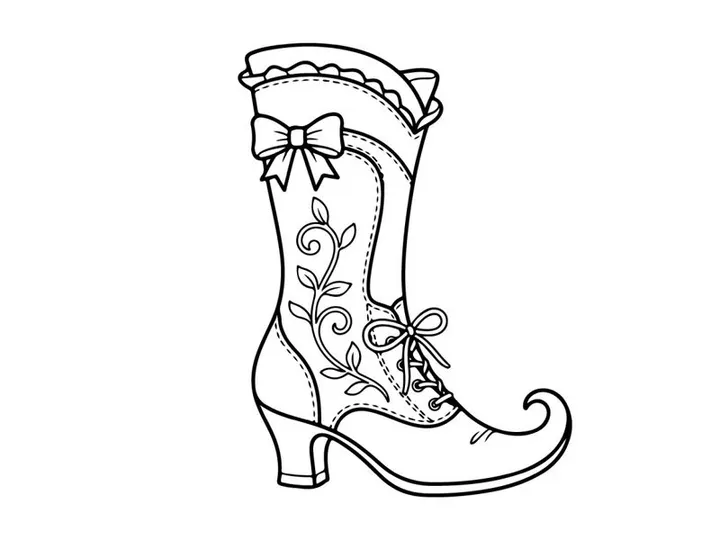 Cute cartoon elf shoe with curly toe and bow. Whimsical holiday footwear illustration for festive designs.