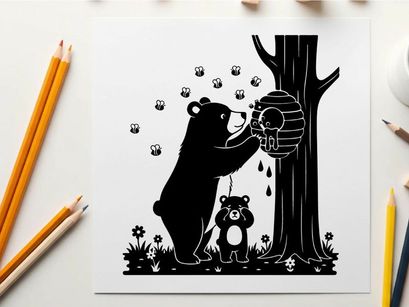 Silhouette of a bear and cub by a tree