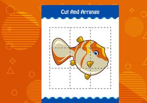 10 Pages Cut and arrange with a fish worksheet for kids. Educational game for children