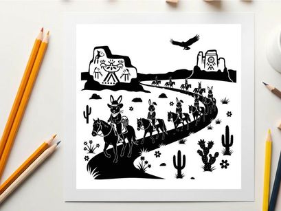 Western desert landscape with cowboy and donkey silhouette