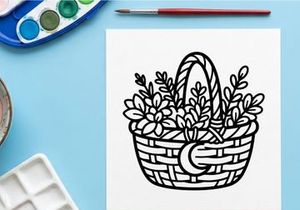 Cesta tejida a mano llena de lirios blancos. Ilustración de regalo floral para celebraciones y decoración.