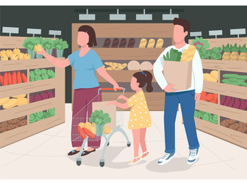 Family in supermarket flat color vector illustration preview picture