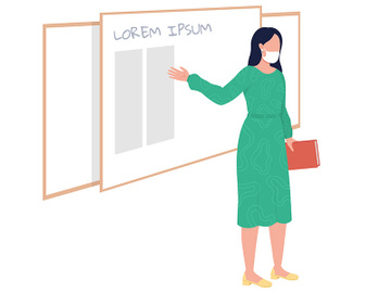 Female teacher stands in front of board semi flat color vector character preview picture