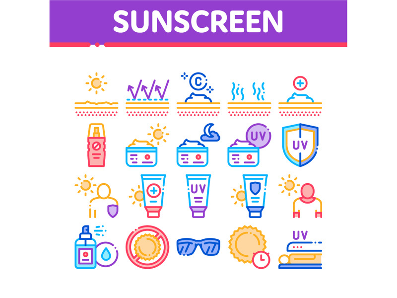 Sunscreen Collection Elements Icons Set Vector