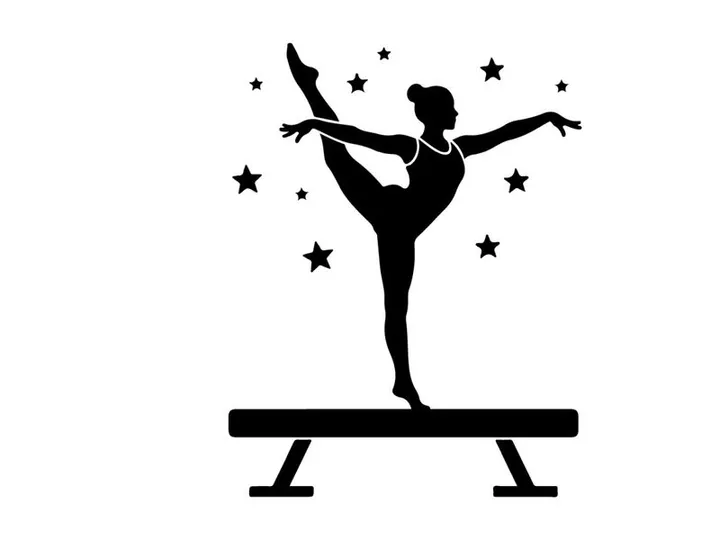 Silhouette of gymnast on balance beam with stars