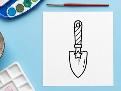 Garden trowel line art icon. Hand drawn shovel tool for gardening and planting tasks.