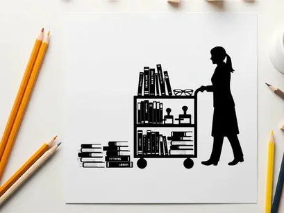 Silhouette of woman pushing a book cart with silhouette