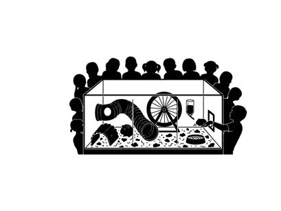 Silhouette of people watching a machine in a glass case silhouette