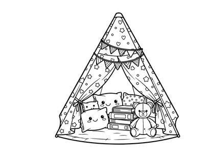 Teddy bear in cozy tent with books vector illustration