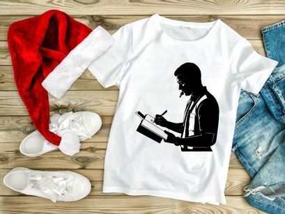 Silhouette of a man writing on a clipboard with a pen