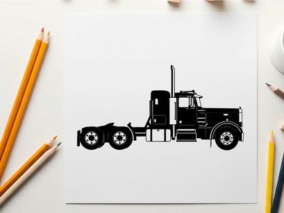 Silhouette of a semi truck tractor unit with wheels and exhaust pipe