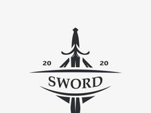 Sword vintage logo design. illustration sword element, can be used as logotype, icon, template coat of arms concept