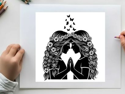 Silhouette of two women with floral crowns and butterflies