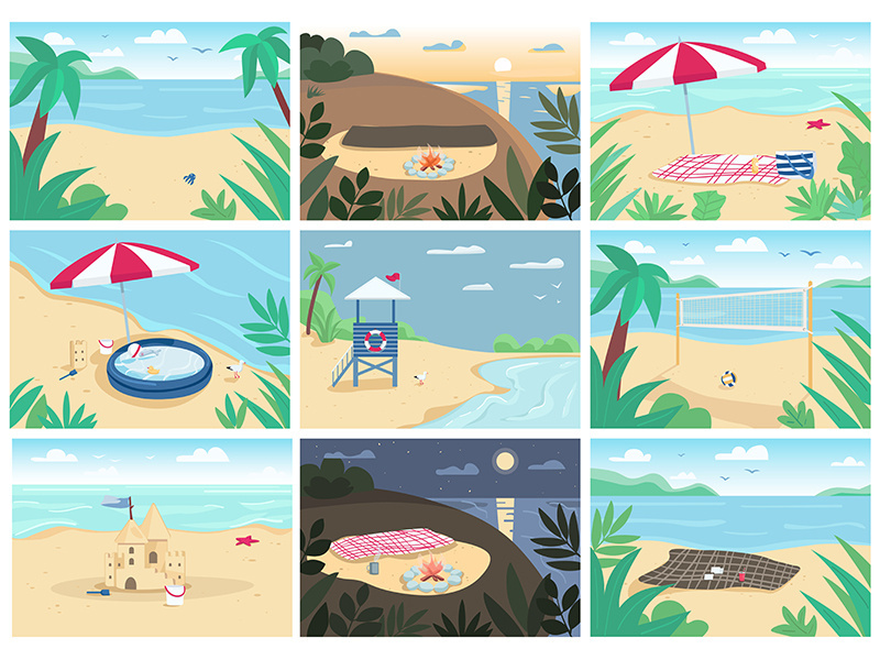 Tropical sand beach and sea flat color vector illustrations set