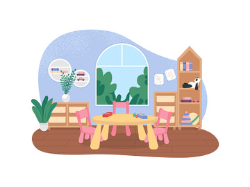 Kindergarten tables for mealtime 2D vector web banner, poster preview picture