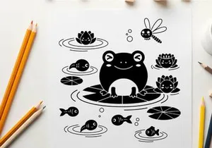 Silhouette of a frog surrounded by water life and lilies silhouette