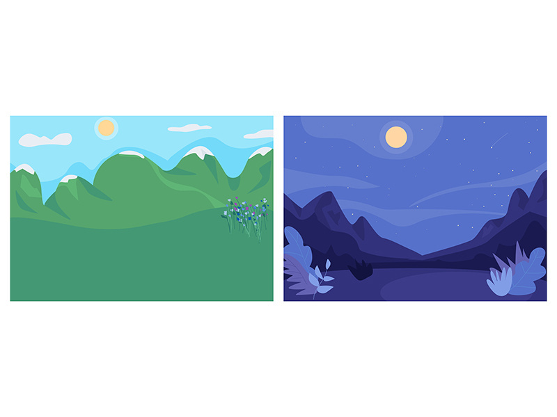 Day and night landscape flat color vector illustration set