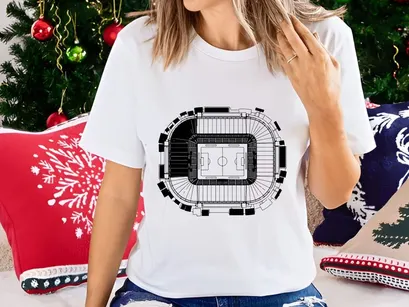 Black and white architectural drawing of a large oval stadium with seating