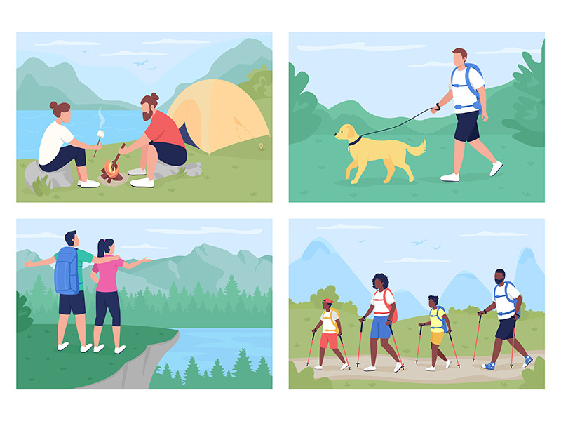 Leisure activity outdoors flat color vector illustration set