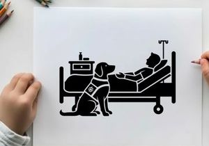 Silhouette of a service dog visiting a patient in hospital bed