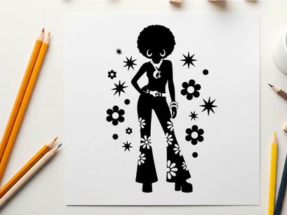 Groovy 1960s style silhouette of a woman with flowers