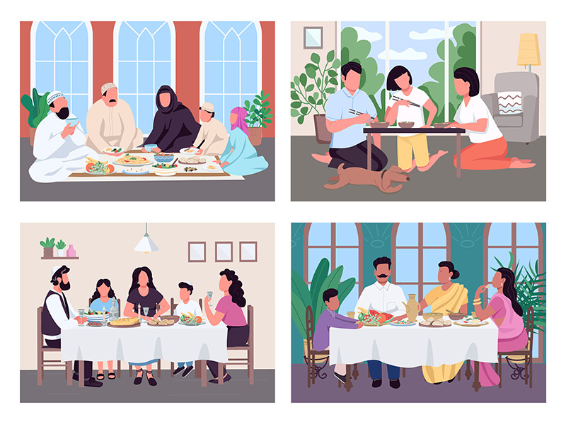 Traditional lunch for family flat color vector illustration set