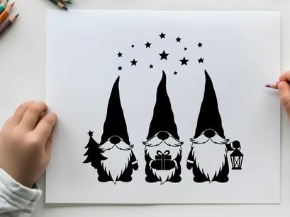 Three gnomes silhouette with christmas tree gift and lantern