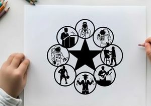 Silhouette of musicians in various performance roles around a star