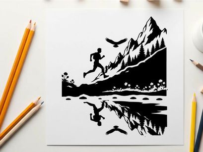 Silhouette of a person running in front of a mountain silhouette