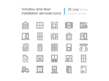 Window and door installation service linear icons set preview picture