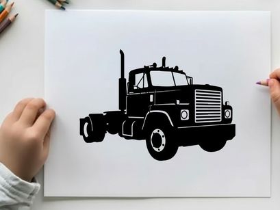 Silhouette of a large truck with a grill and exhaust pipe silhouette