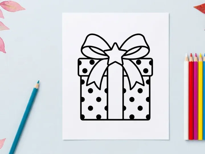 Polka dot gift box icon with a star ribbon bow for Christmas and holiday celebration design.