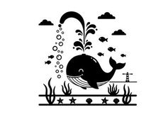 Whale silhouette swimming underwater with sea creatures and plants silhouette
