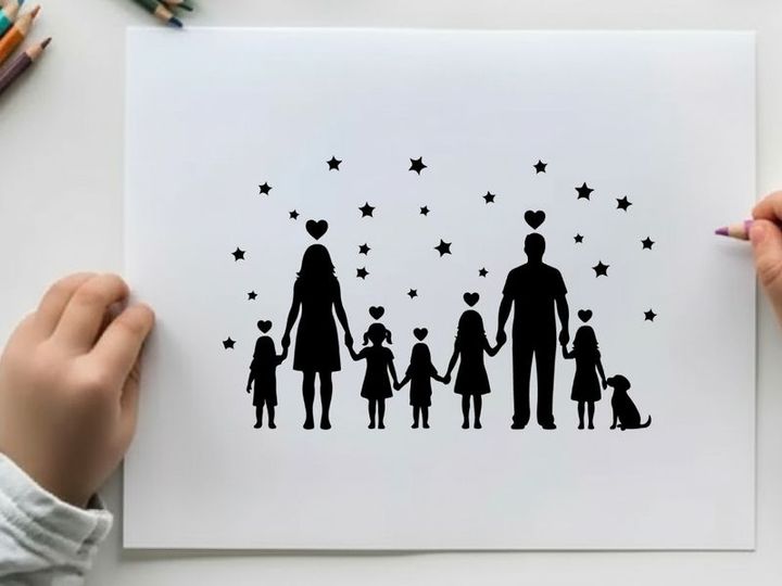 Family silhouette with children and dog under starry night sky silhouette