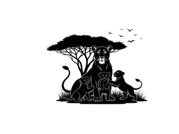 Lioness and cubs silhouette under tree with birds flying overhead savannah scene preview picture