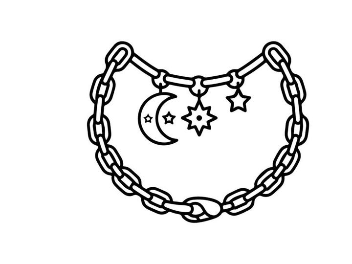 Hand-drawn Halloween charm bracelet with moon and stars. Spooky jewelry illustration for festive accessory design and craft projects.