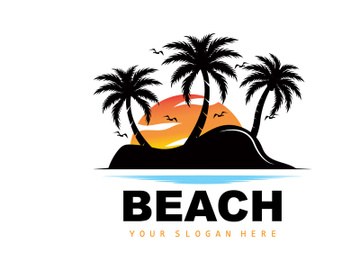 Coconut Tree Logo With Beach Atmosphere, Beach Plant Vector, Sunset View Design preview picture