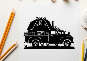 Silhouette of a vintage truck and barn with chickens