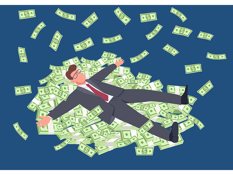 Successful man lying on money flat concept vector illustration